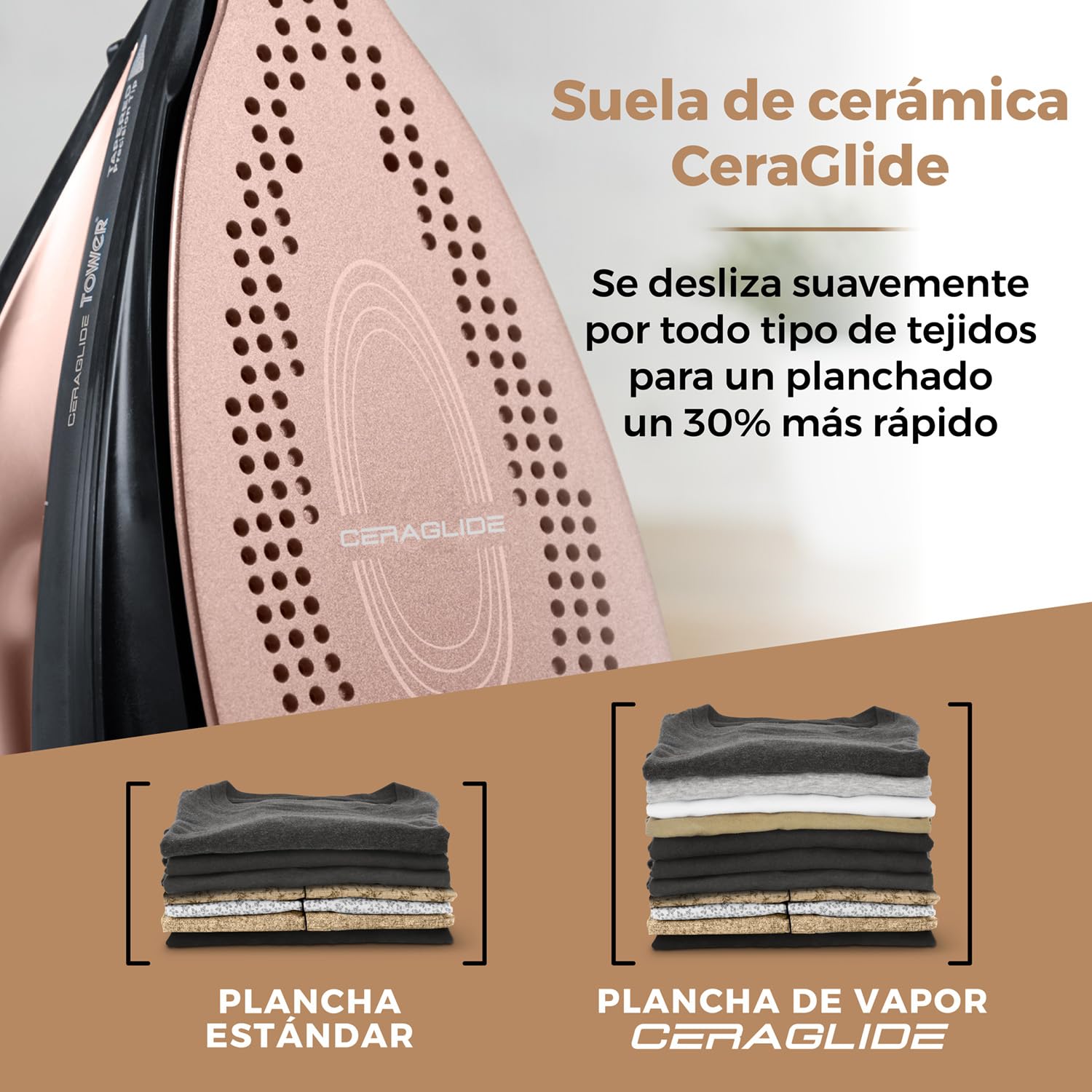 Tower T22008RG Plancha de Ropa Sin Cable – Plancha de Vapor con Suela Cerámica CeraGlide y Función de Vapor Variable, 2400 W – Negro y Oro Rosa
