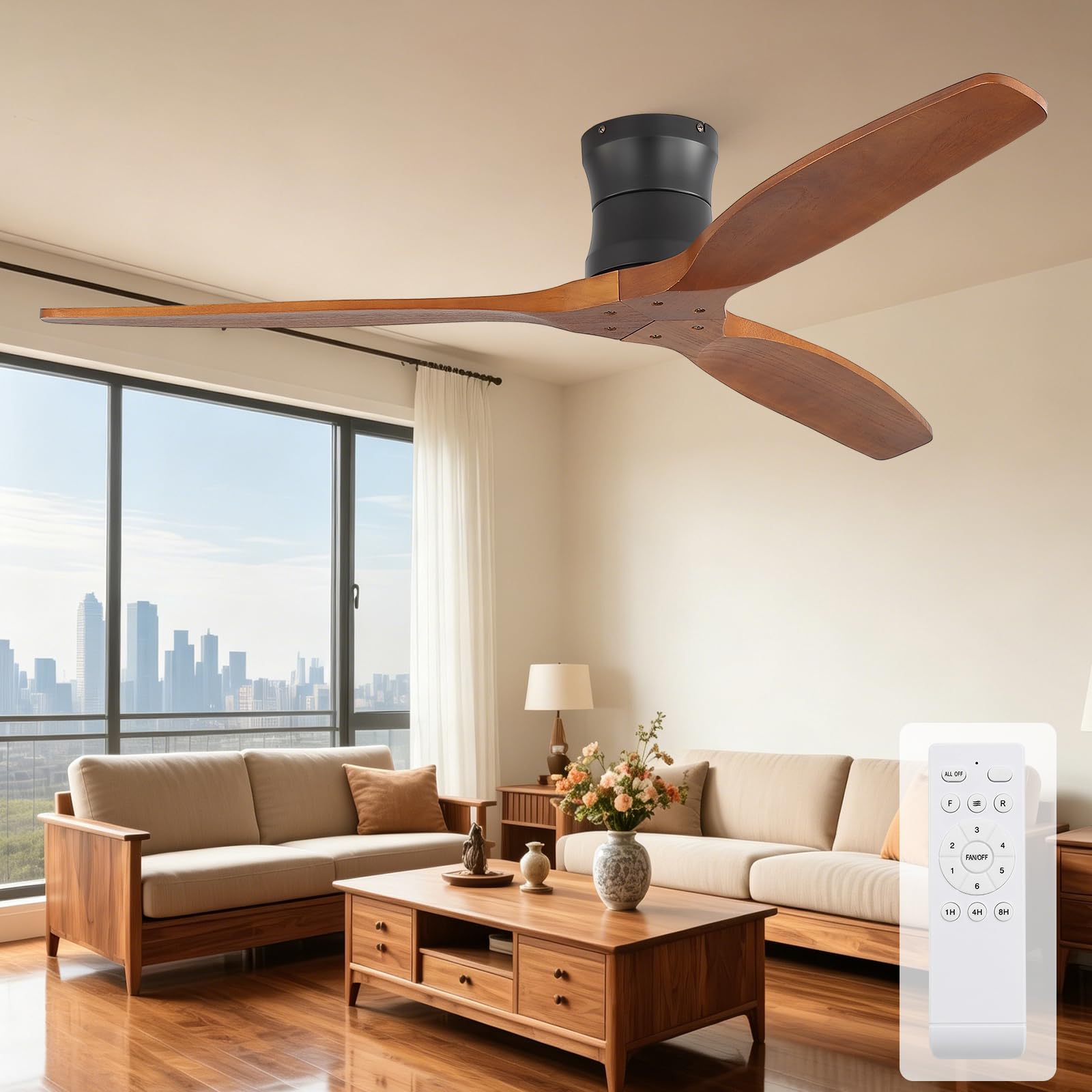 Sofucor 132cm Deckenventilator mit Fernbedienung, Massivholz Deckenventilator ohne Licht, Leise DC Motor, Timer, 3 Farbtemperatur, 6 Geschwindigkeiten, Sommer Winterbetrieb für Schlafzimmer Wohnzimmer