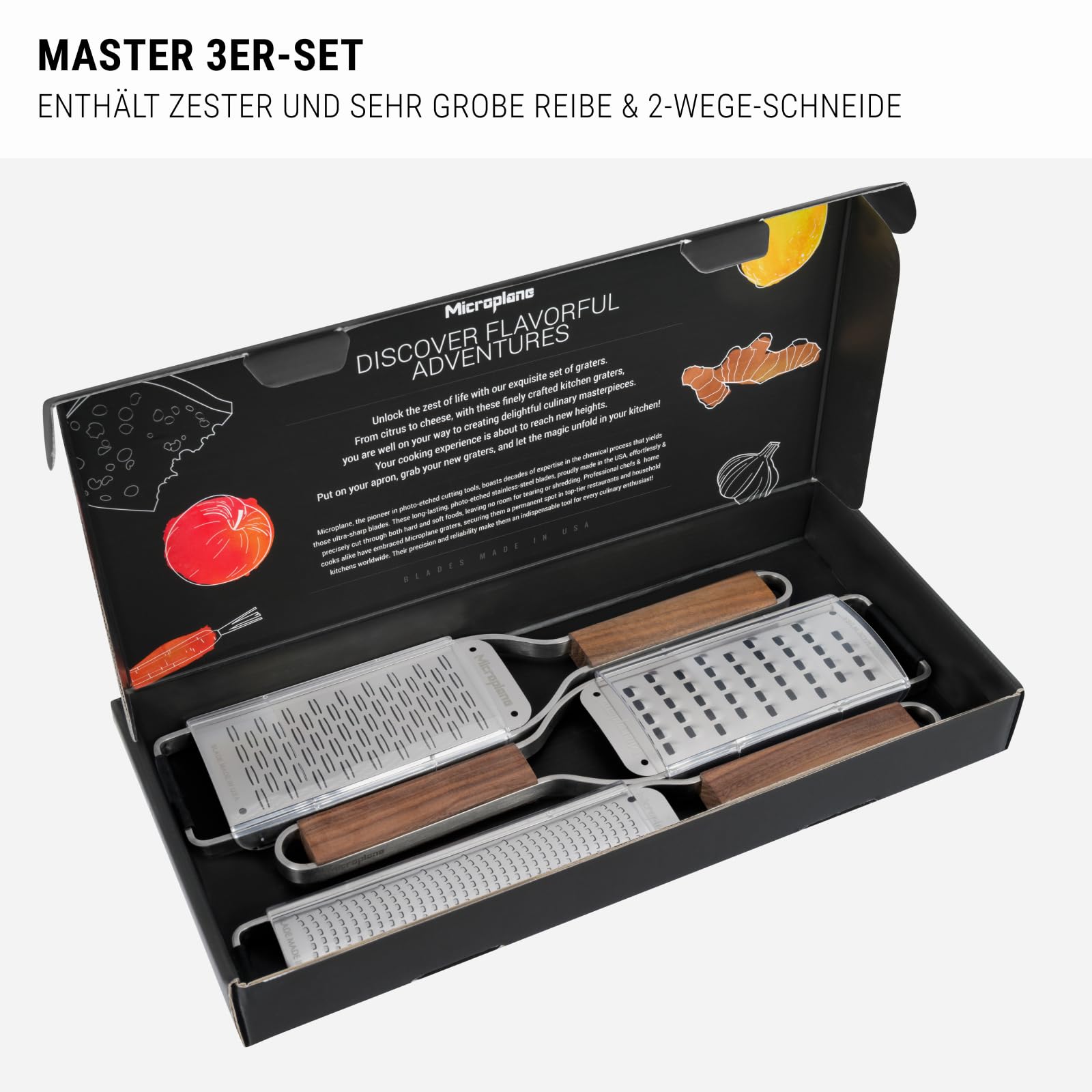 Microplane Master Series 3-częściowy zestaw tarek premium, wstążka i bardzo grube tarki, bardzo ostre ostrza ze stali nierdzewnej, uchwyty orzechowe, wyprodukowane w USA, profesjonalne narzędzia