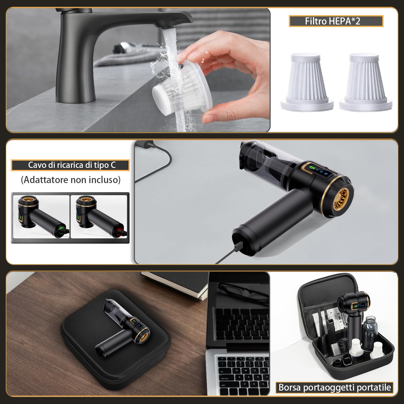 Aspirapolvere senza fili per auto, potente mini aspirapolvere da 27000PA, aspirapolvere portatile ricaricabile, ideale per pulire gli spazi ristretti di veicoli, case e uffici