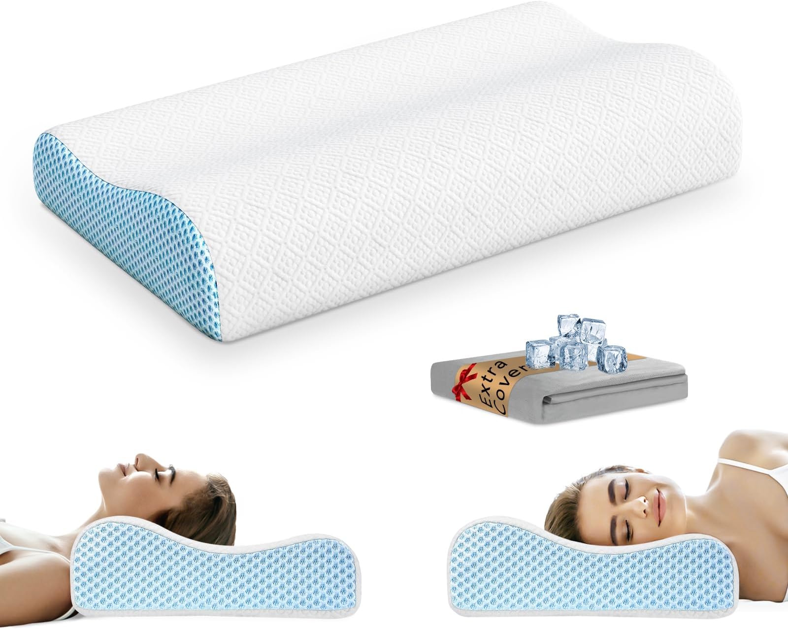PKBD Memory Foam Pillow with Replacement Pillowcase(Cooling Ice Silk&Cotton),Neck/Shoulder Pain Relief,Ergonomic Orthopedic Cervical Pillow,Neck Contoured Bed Pillow for Side,Back,Stomach Sleepers