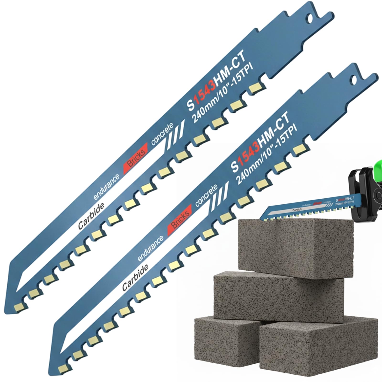 2PCS Reciprocating Saw Blades Metal, 10inch Durable Masonry Concrete Saw Blade for Concrete, Masonry, and Brick Cutting, Heavy Duty Carbide Steel Alloy Blade with Universal Shank, 10in 15TPI