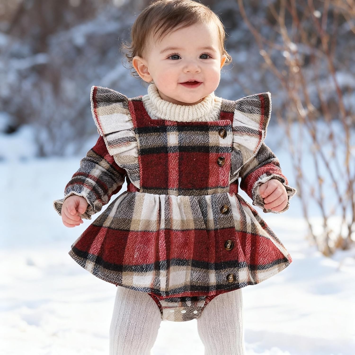 Newborn Baby Girl Fall Winter Clothes Plaid Long Sleeve Romper Buttons Outfit Ruffles Dress with Bow Headband - Image 7