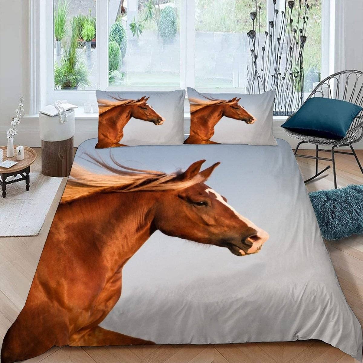RFFLUX 3D Horse Double Bedding Duvet Cover Set 3 Pieces 200x200 Ultra Soft Microfiber Brown Horse Comforter Cover with Zipper Easy Care Quilt Cover with 2 Pillowcase for Room Decor — image 1