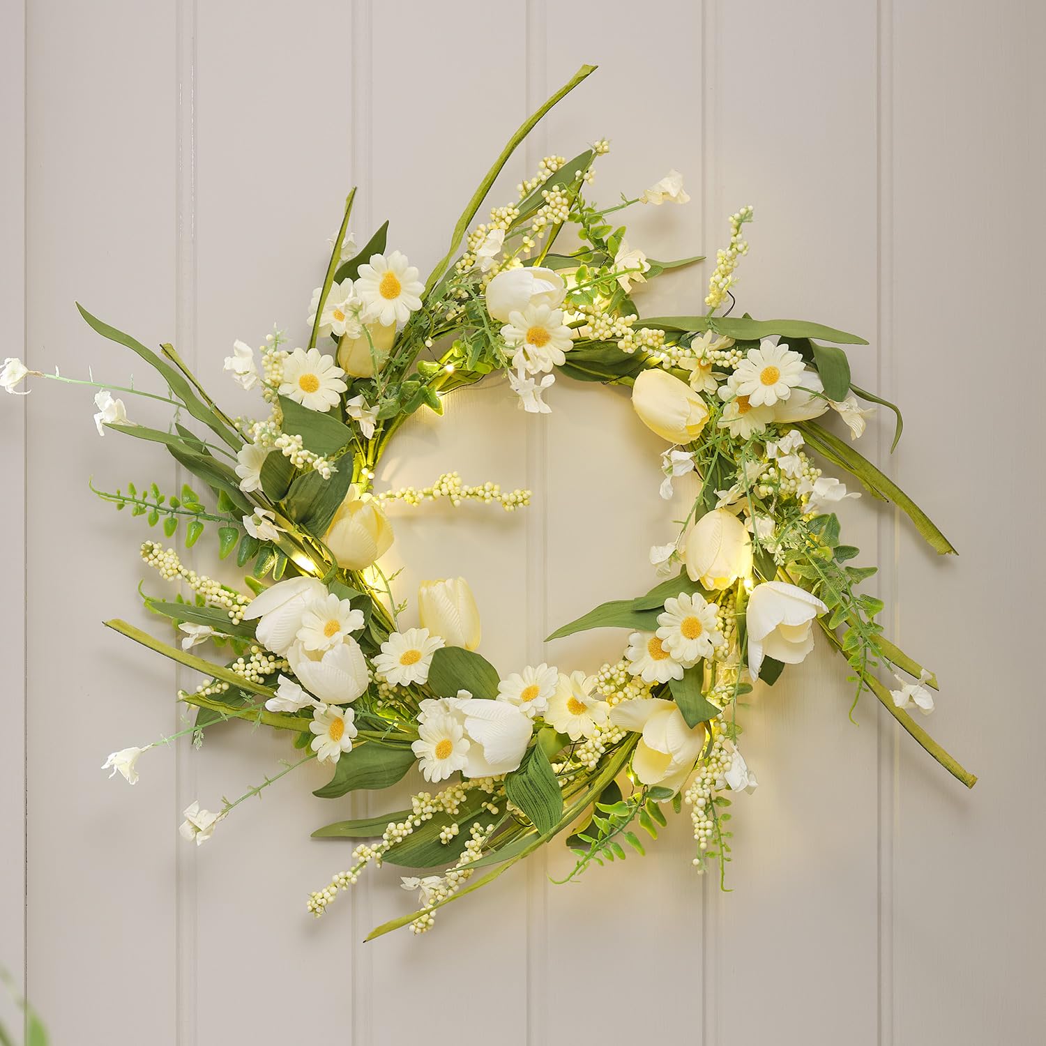 Lights4fun Green Pre Lit Yellow Spring Daisies Wreath With Warm White Led Lights, Artificial Floral Door Wreath For Easter Décor & Seasonal Home Styling