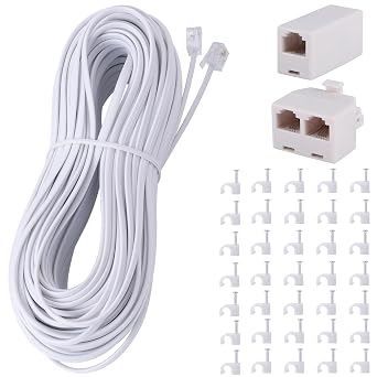 Phone Extension Cord 100FT Long Phone Cable Line Wire, with Standard RJ11 Plug andIncludes Telephone Inline Coupler RJ11 Splitter and 35Cable Clip Holders, White