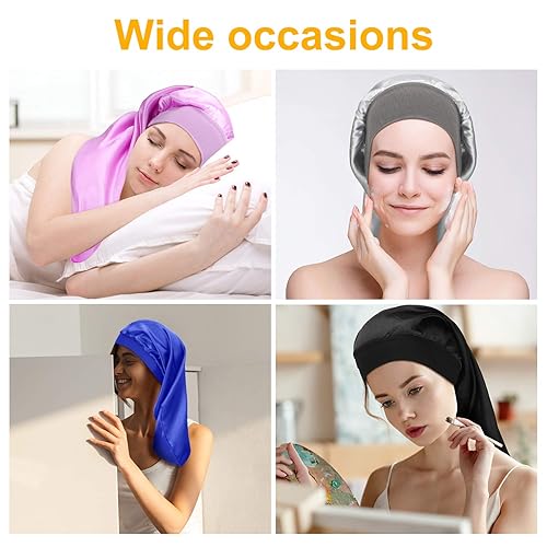 Miniatura 5 de SATINIOR 6 piezas de gorro de satén de pelo largo para dormir, extra grande, para dormir, con banda elástica, sombrero de seda para dormir, para