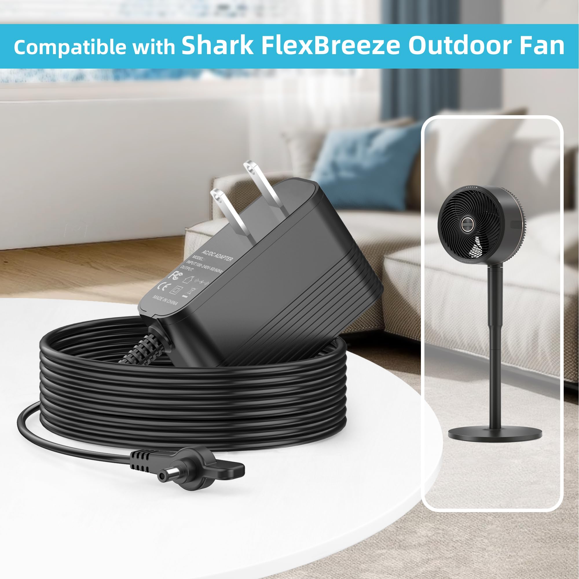 Caricatore di alimentazione per ventilatore da esterno Shark FlexBreeze, adattatore di ricambio compatibile con FA222 Cordless Portable Fan AC Charger Adapter (12V)