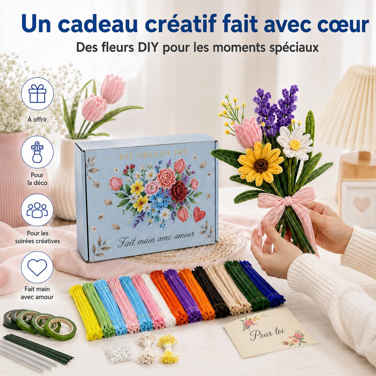 ELESKY Kit Fleurs en Fil Chenille 1000 Pièces, Cure-Pipes DIY