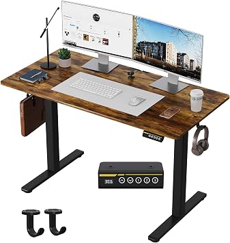 Electric Standing Desk,48x24 Inches Adjustable Height Stand up Desk, Sit Stand Home Office Desk with Splice Board, 3 Preset Heights,Equipped with Hooks,Ergonomic Computer Workstation Brown