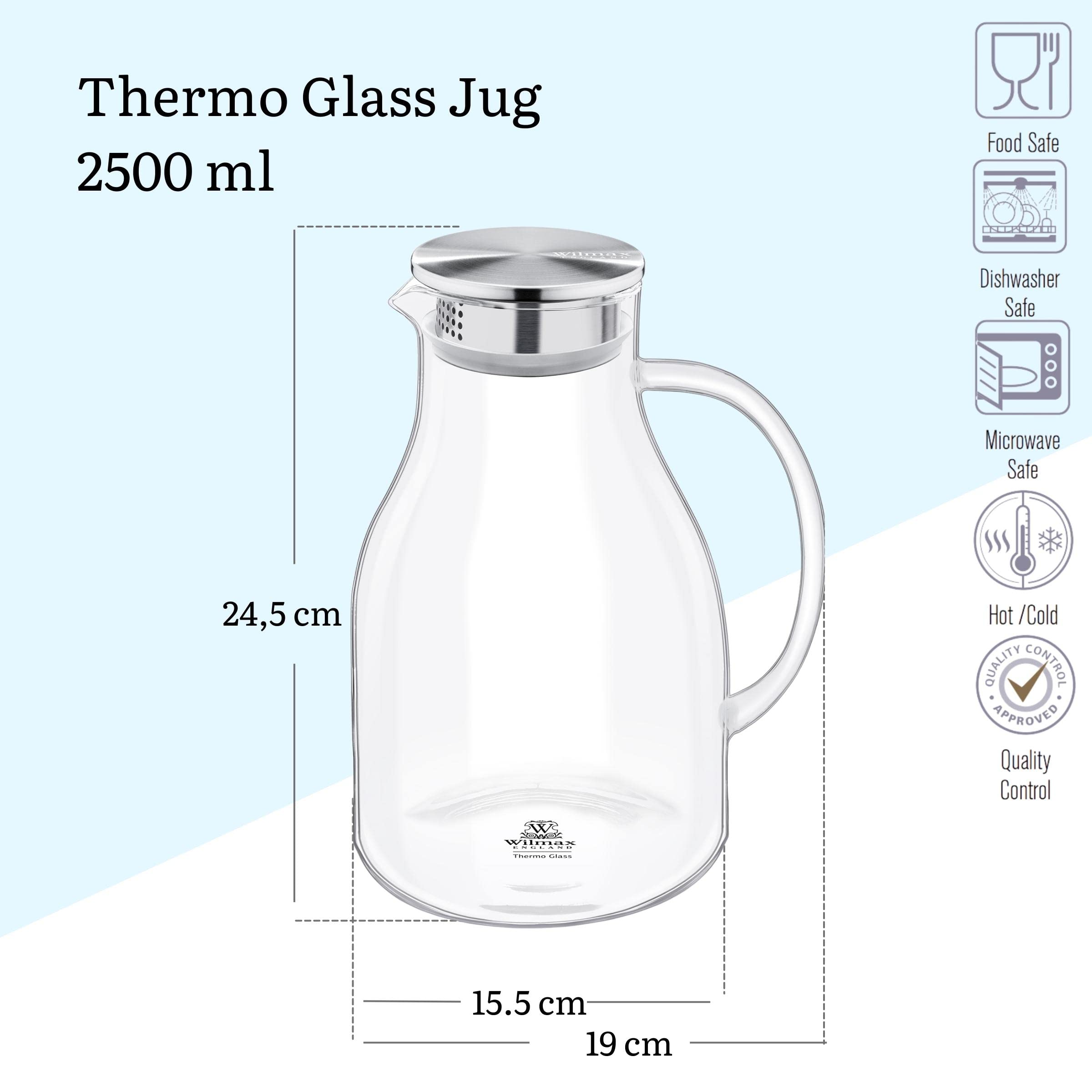 Wilmax Glaskrug 2,5L mit 6 Wassergläser 450ml im Set | Getränkeset | Wasserkrug für Saft, Wasser, Eistee, Milch | Glaskaraffe | Wasserkanne | Spülmaschinenfest | Glaskanne | Transparent