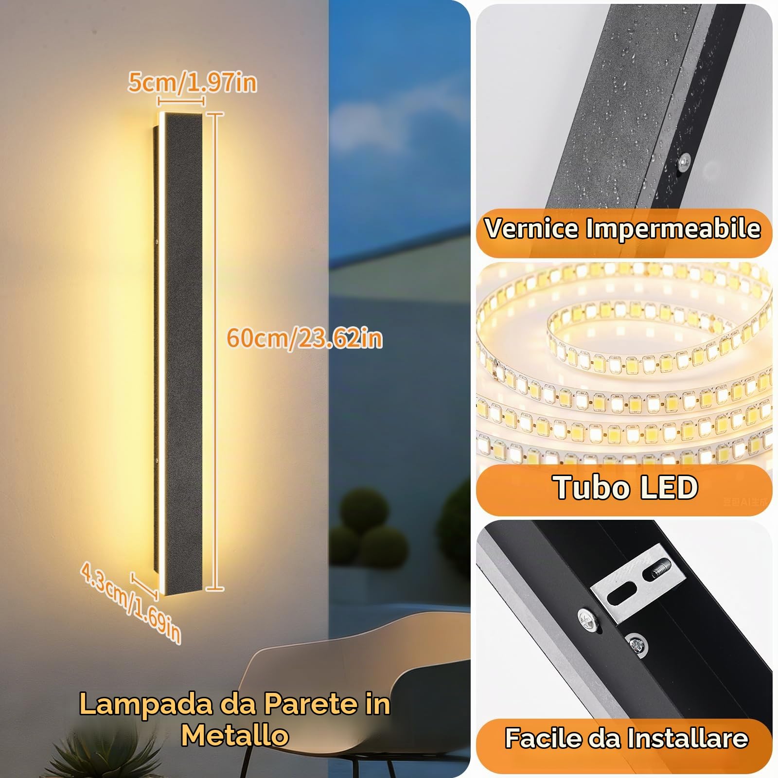Ketom Applique da Esterno/Interno Moderno Nero, Impermeabile IP65 | Lampada da Parete Esterno LED, Metallo Lineare Lunga Barra LED, per Balcone Giardino Veranda Via, Bianco Caldo 30000K, 60cm