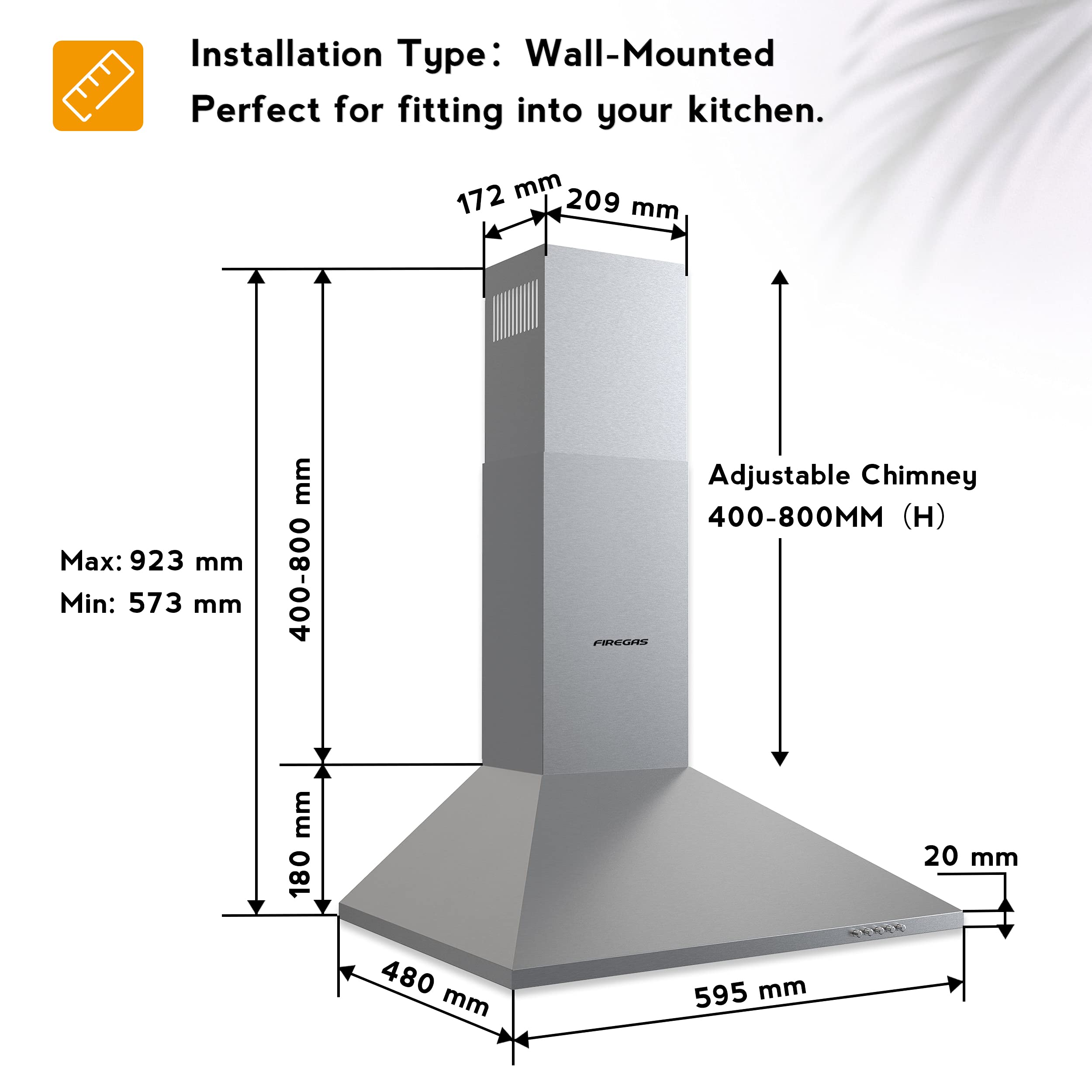 FIREGAS Cooker Hoods 60cm with Carbon Filters 308m³/h Stainless Steel Extractor Hood Recirculating Cooker Hood 600mm Kitchen Extractor Fan,Silver — view 7