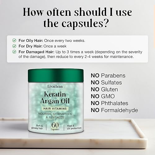 Miniatura 6 de LivaClean Cápsulas de suero capilar de 60 CT para cabello encrespado, dañado, vitaminas para el cabello, queratina y aceite de argán con biotina,