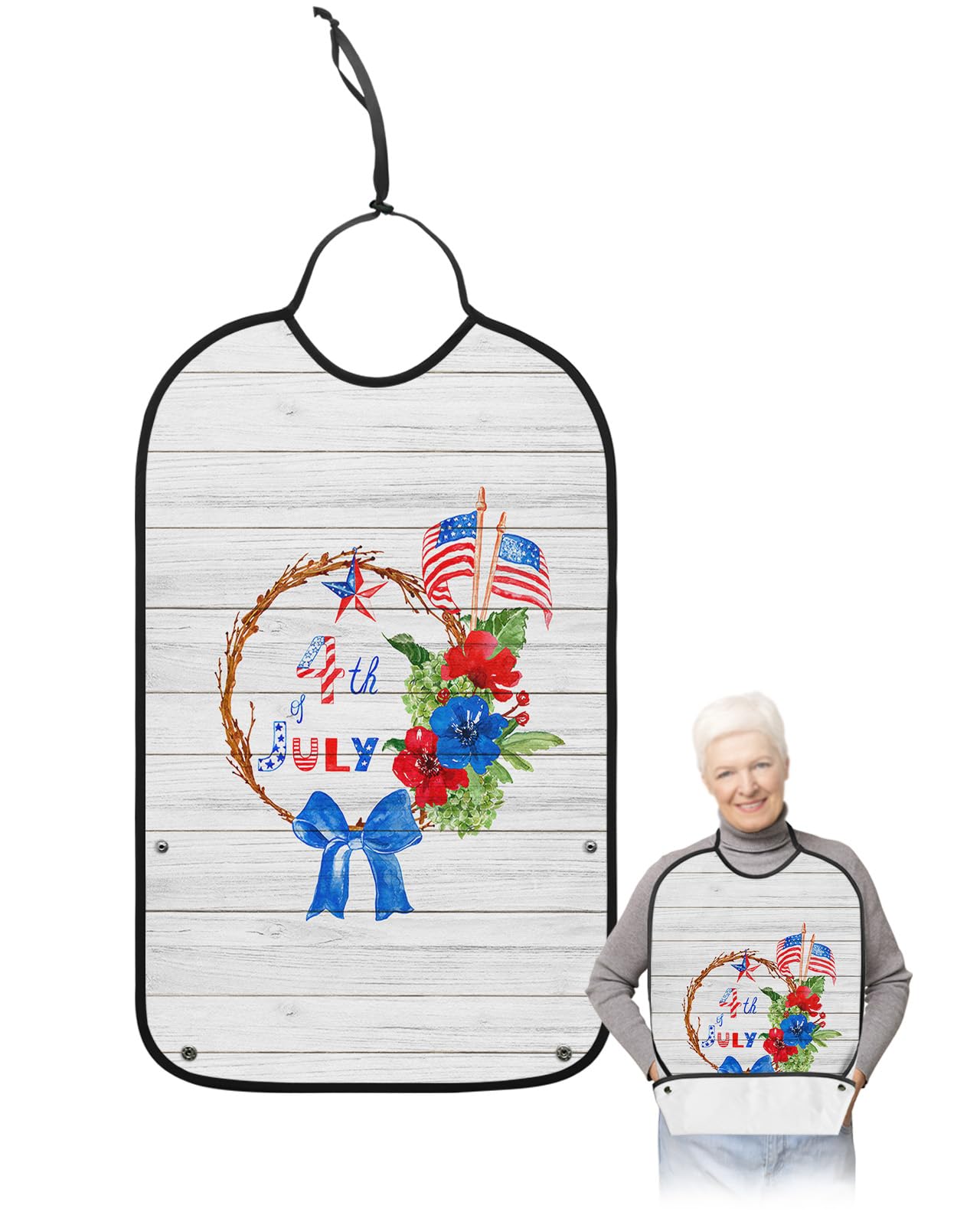 4th of July Adult Bibs for Eating, Waterproof Bibs with Food Catcher & Adjustable Snap Closure, Spring Floral Wreath Independence Day Washable Clothing Protectors Adult Bibs for Elderly Women/Men