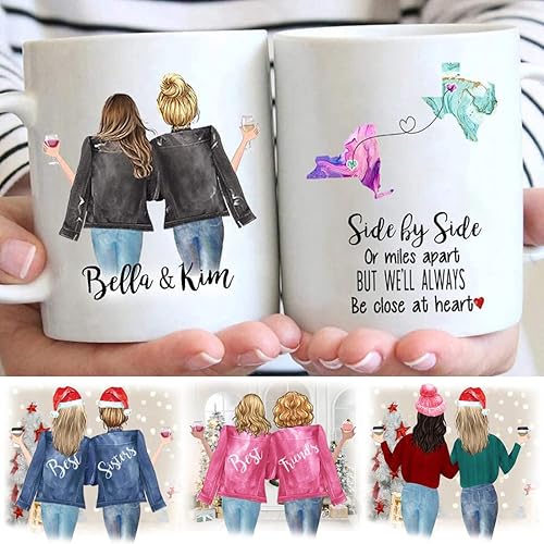 Taza personalizada de amistad de larga distancia, taza de café Side by Side or Miles Apart, regalo personalizado para hermana, mejor amiga, elige