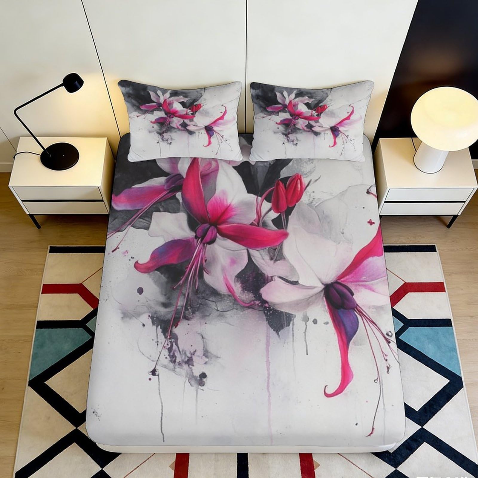 3D Printed Orchid Blossom Fitted Sheet Microfiber Soft Floral Watercolor Mattress Cover for Bedroom Dorm Room Decor 90x200x25cm