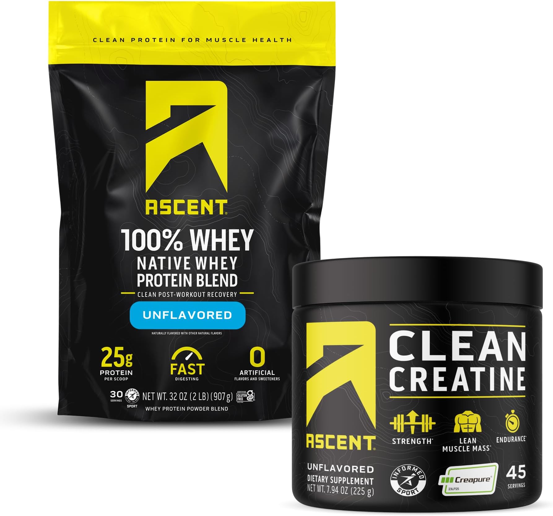 100% Whey Protein Powder, Unflavored 2 lb & Creatine Monohydrate Powder, Unflavored 45 Servings