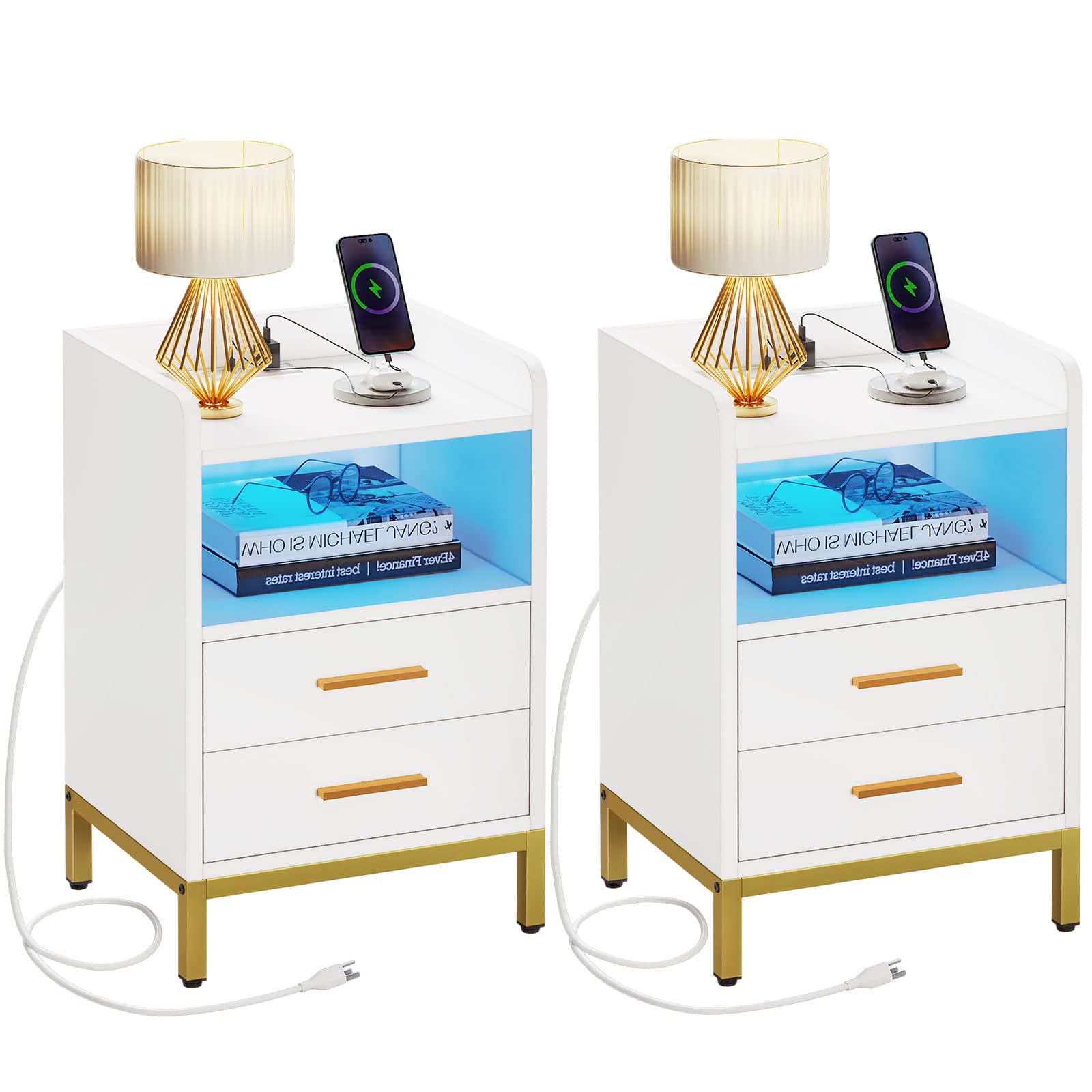 YITAHOME Nightstand with Charging Station and LED Lights, End Side Table with 2 Drawers, Modern Bedside Table for Bedroom with USB Ports and Outlets, Open Storage, Sef of 2, White