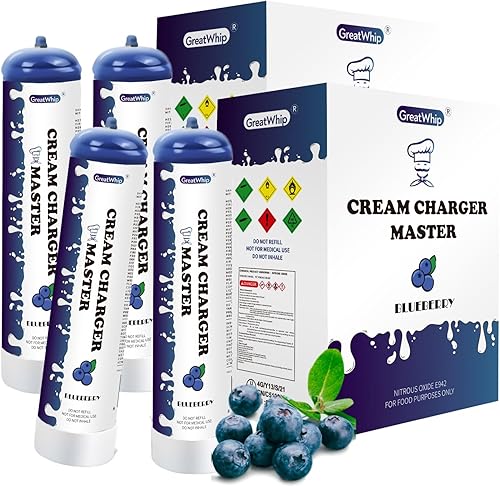 GreatWhip Cargador de crema batida de 20.46oz, cargador de crema batida de arándanos, tanque nitroso de 0.95 litros (12 cilindros)