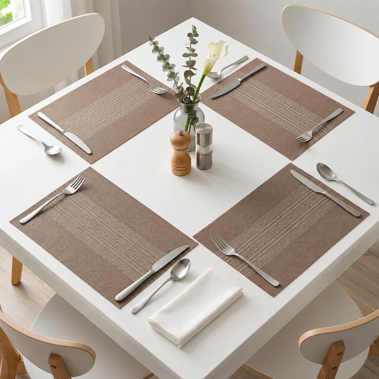 daiDokoro Rectangular Crossweave Woven PVC Vinyl Non-Slip Insulation Heat-Resistant & Waterproof Stain Resistant Washable Placemat for Dining & Kitchen Table-(Peanut Brown, Set of 4)