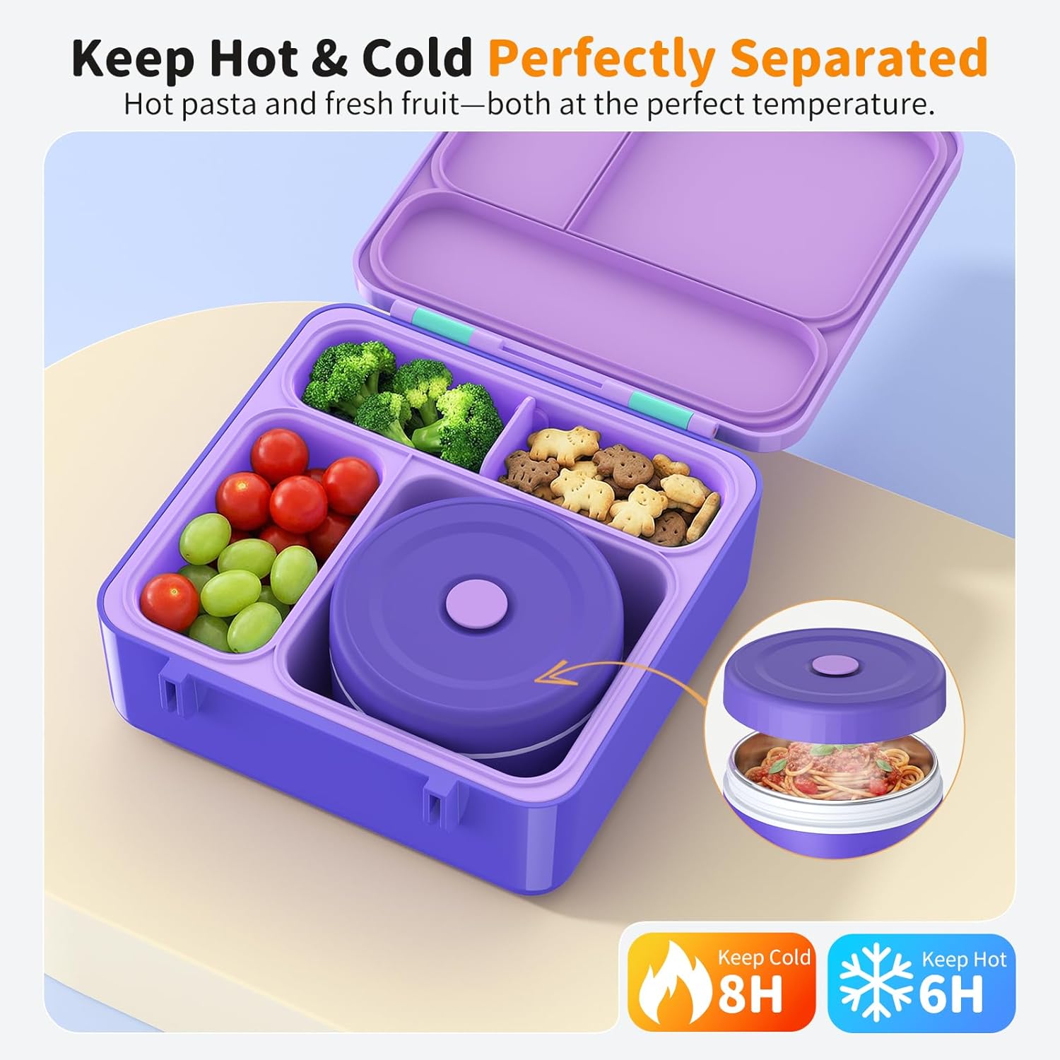 Bento Box for Kids, Lunch Box with Sticker and Leak-Proof Vacuum Food Jar, 4 Compartment BPA-Free Toddler Bento Box for School, Machine-Washable and Removable Compartments for Boy(Purple)