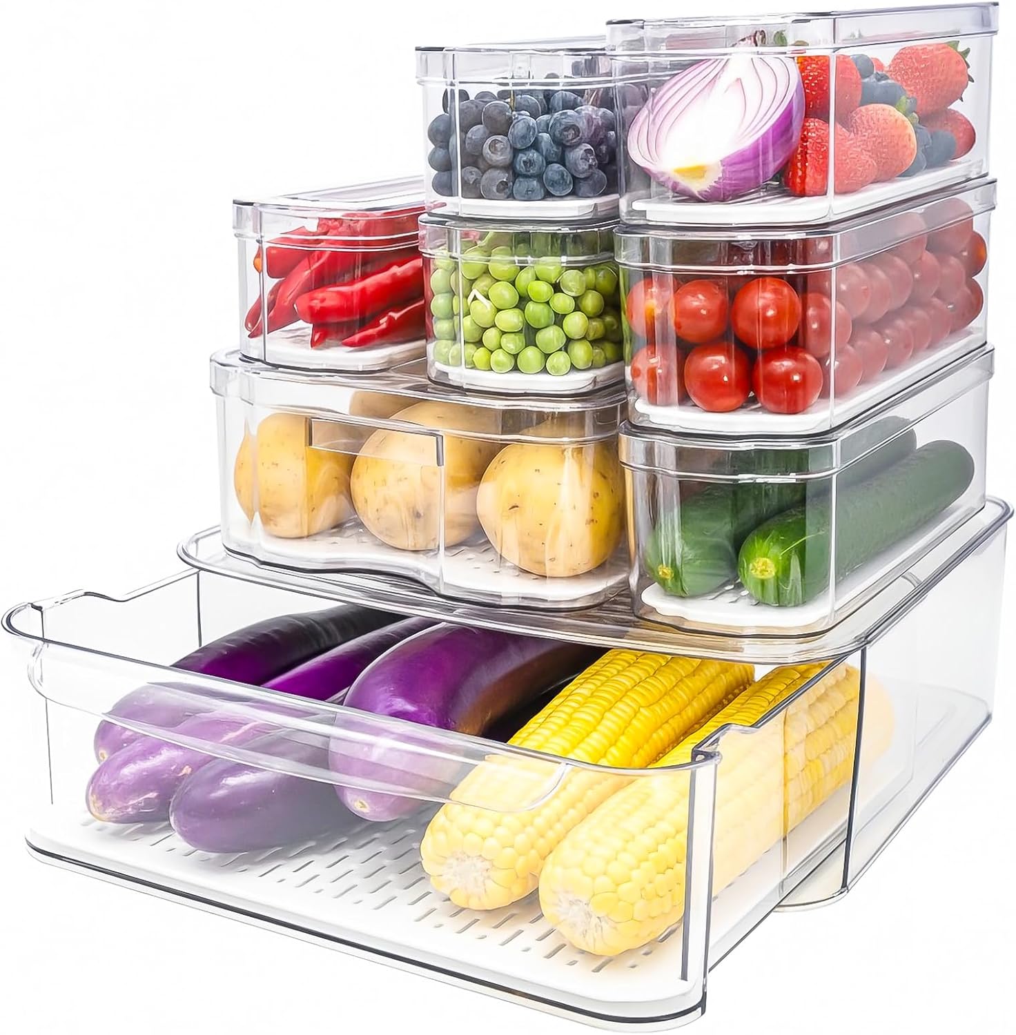 Fridge Organizers and Storage, 8 Pack Clear Freezer Organizer Bins with Lids for Kitchen, Pantry, Refrigerator, Food, Fruit, Vegetable Storage (8 Bins (Include Pull-out Drawer))