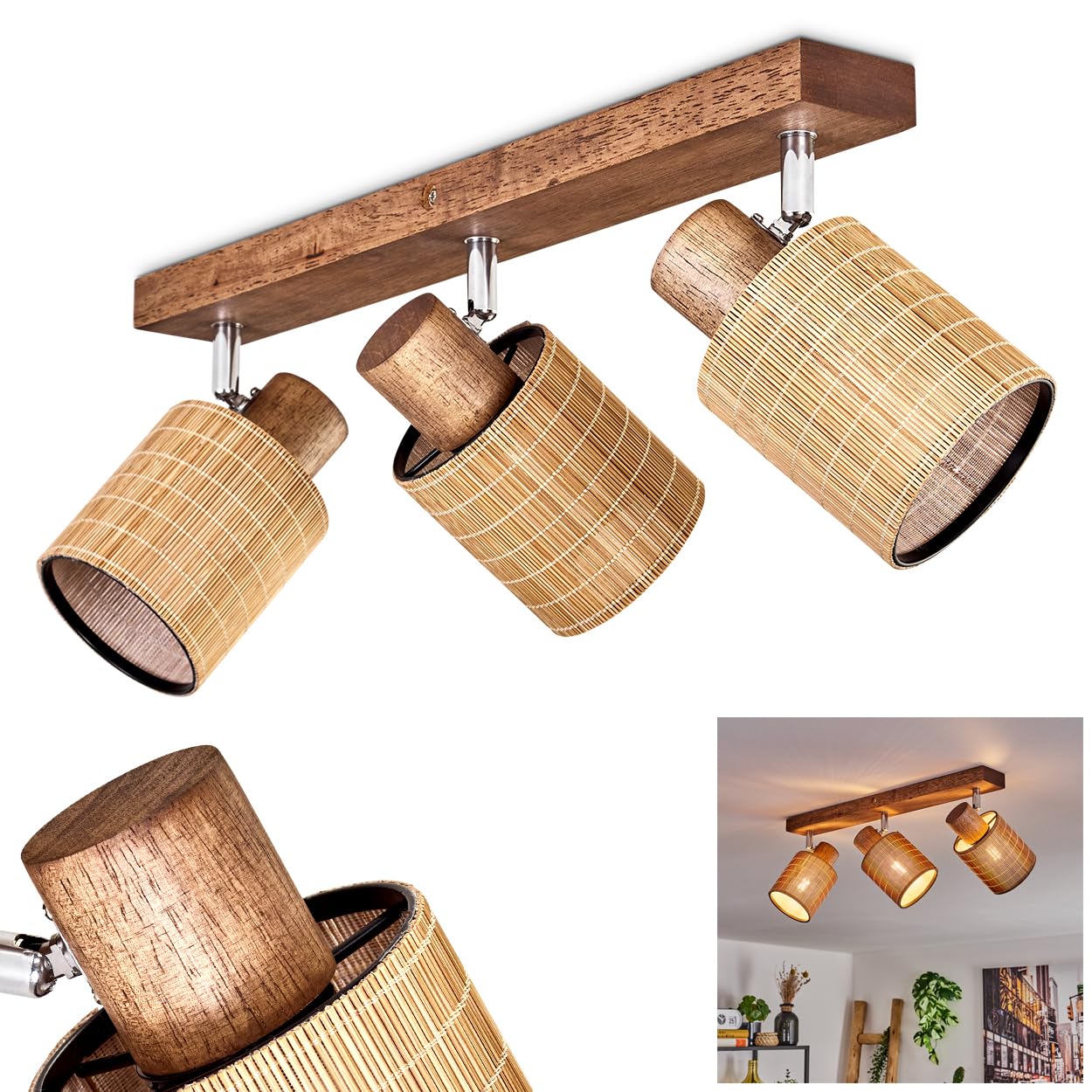 Lampada da soffitto Kinnared, lampada da soffitto moderna in legno/metallo/bambù in marrone scuro/cromo/naturale, lampada a 3 luci in design scandinavo con faretti regolabili, 3 x E14, senza lampadine