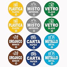 12 Stickers for Waste Containers in Italian and English, 9.5 cm Diameter, Washable Recycling Sticker, Scratch Resistant
