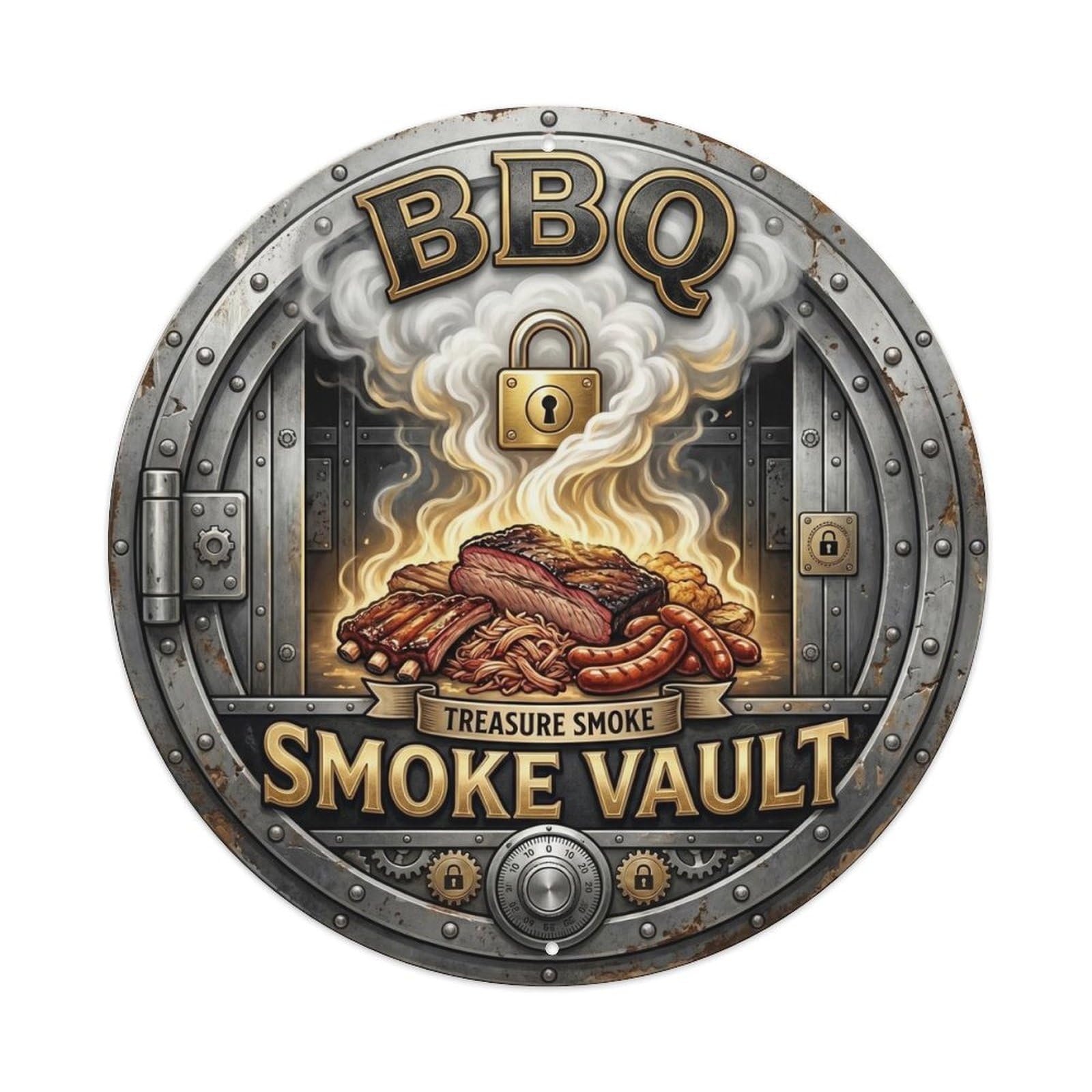 BBQ Barbecue Smoke Vault Vintage Metal Tin Sign Plaque Wall Decor for Cafe, Club, Garden Round Metal Poster 8x8Inch