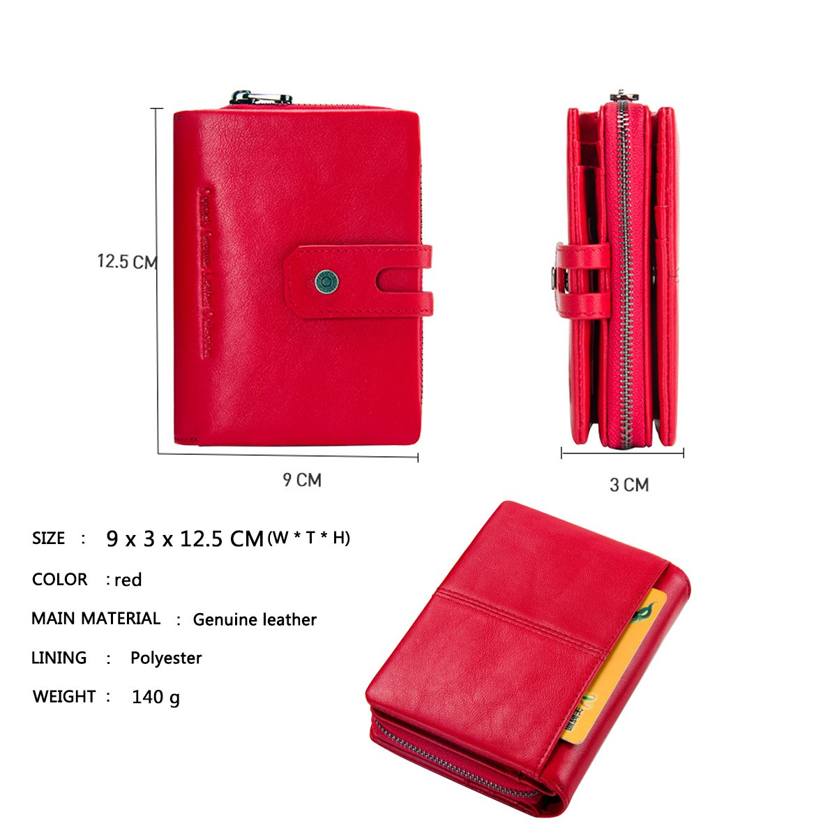 Contacts Vera pelle Womens Trifold Portamonete Portafoglio Zipper Purse Portafoglio