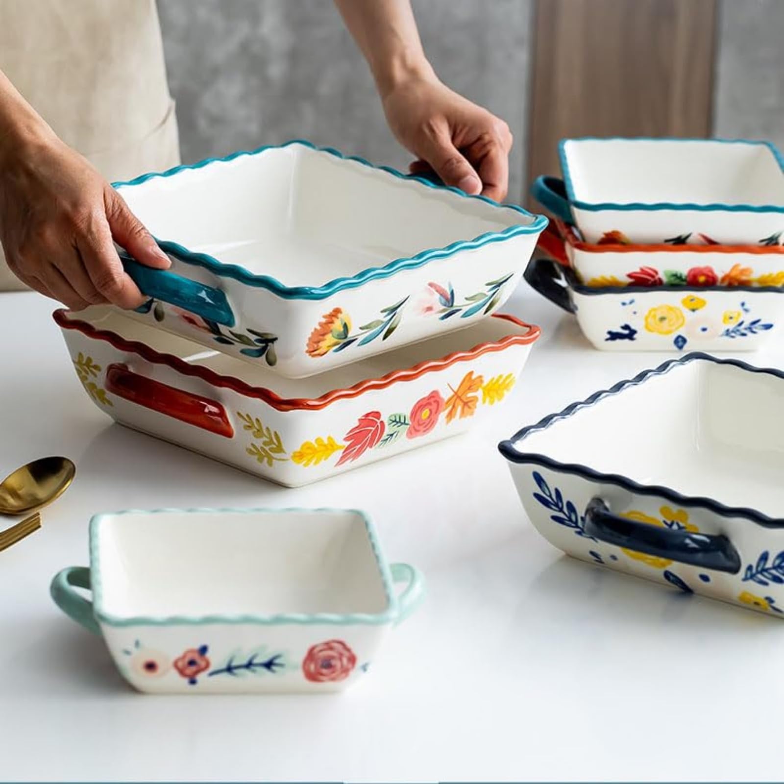 Ceramiczne naczynia do pieczenia, głębokie, prostokątne patelnie do zapiekanek z uchwytami do piekarnika, idealne do pieczenia lasagne, ciast, zapiekanek mięsnych lub warzywnych, naczyń kuchennych