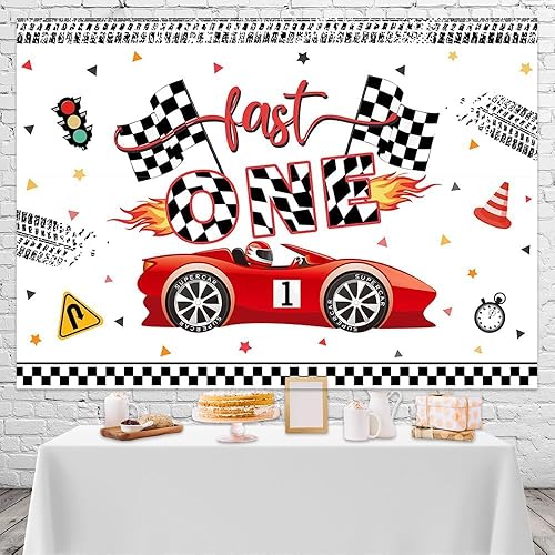 Miniatura 7 de Mocsicka Fast One - Telón de fondo de cumpleaños, auto de carreras, decoración de fiesta de primer cumpleaños, pancarta para niños y niños, mesa de