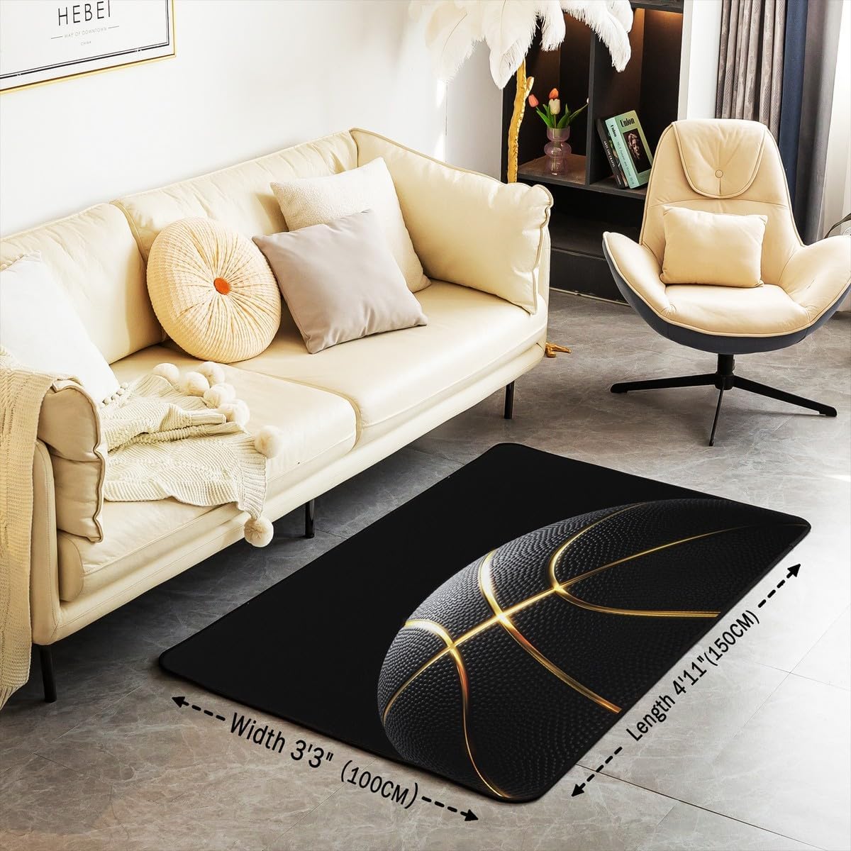 jejeloiu Basketball Living Room Rugs for Bedroom 3x5 Kids Gaming Sports Decor Carpet for Boys Girls Teens Ball Games Area Rug Soft Gift for Basketball Lover Gold and Black Room Decor