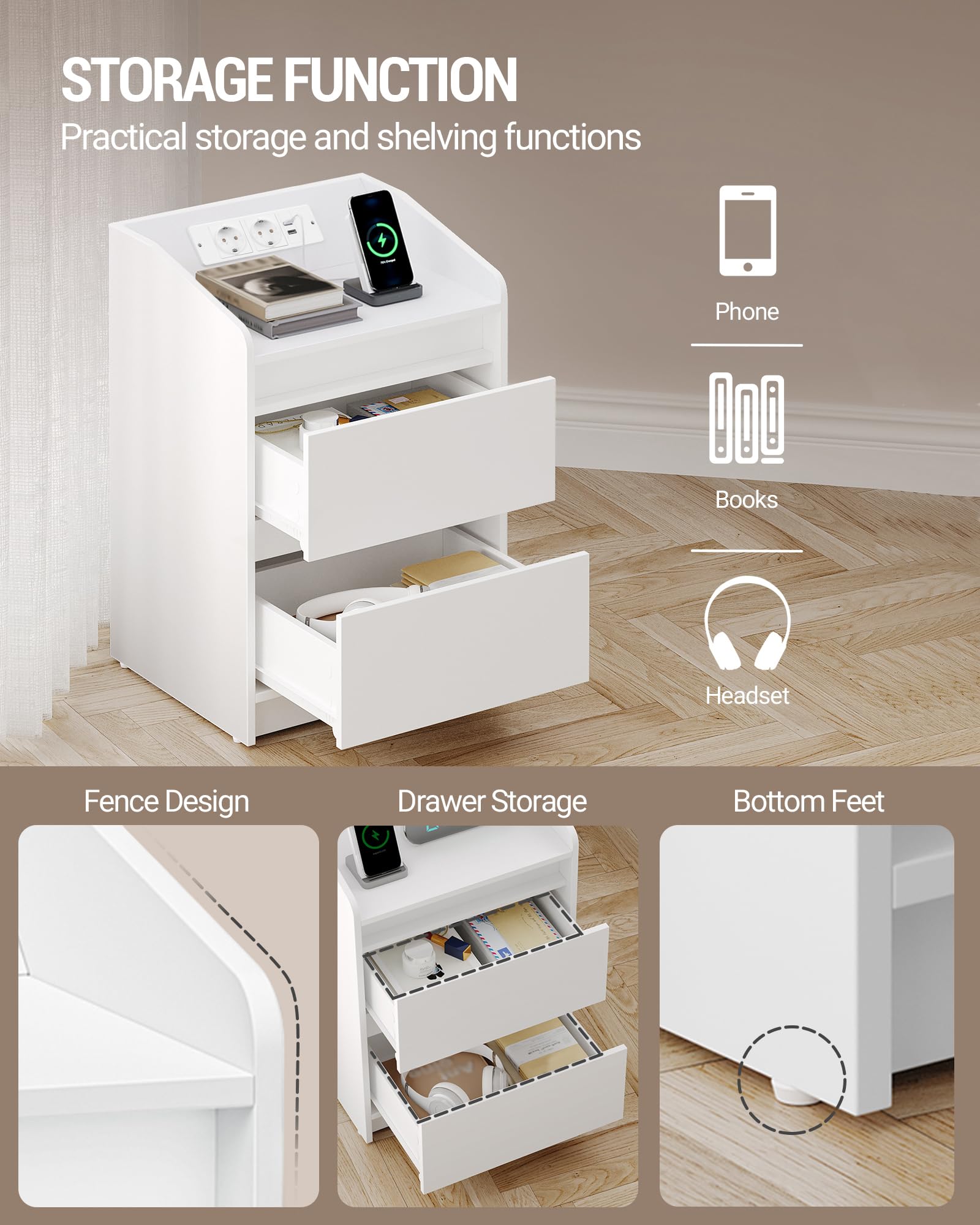 Hzuaneri Mesitas de Noche Juego de 2 con Luces LED, Estación de Carga y 2 Cajones, Mesa Auxiliar con Puertos USB y Enchufes de Energía, Ideal para Sala de Estar y Dormitorio, Blanco NS30103X