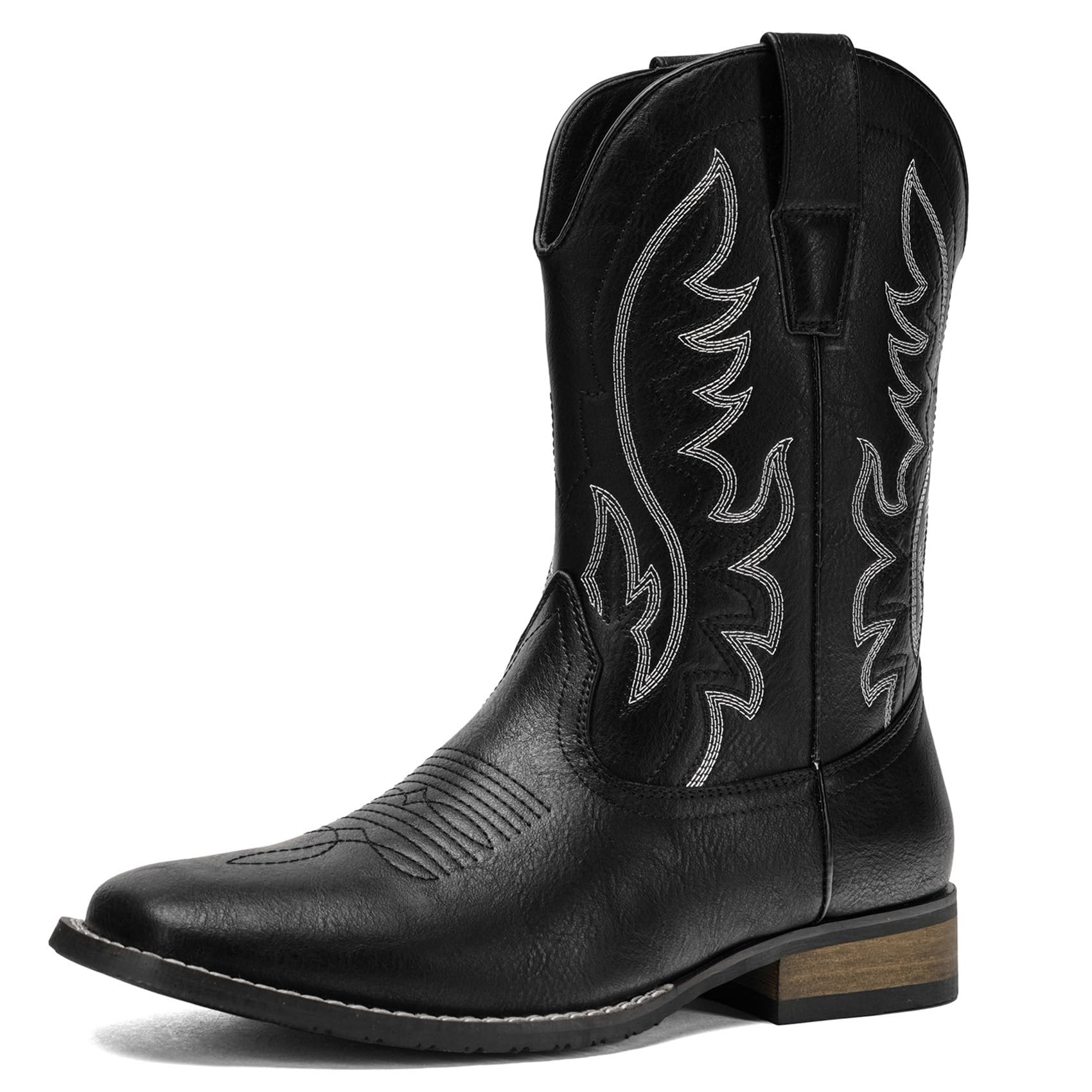 Kitulandy Cowboy Boots For Men Western Fashionable Retro Stylish Embroidered Square Toe Boots Chunky Heel