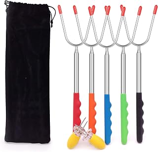 HANZE Marshmallow Roasting Sticks, 5 Pack 45“ Telescoping Extending Stainless Steel Skewers Hot Dog Forks and 2 Pack Corn Holder for Campfire BBQ Bonfire and Grill