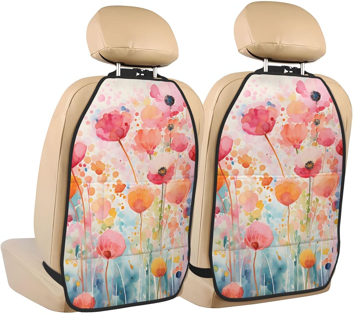 Car Seat Back Kick Protector 2 Pack 18.5x26.4 Inch, Watercolor Pastel Flower Anti-Kick Pad, Waterproof Oxford Fabric Large Rear Seat Cover for Kids Pets Fits SUV Jeep Truck Sedan