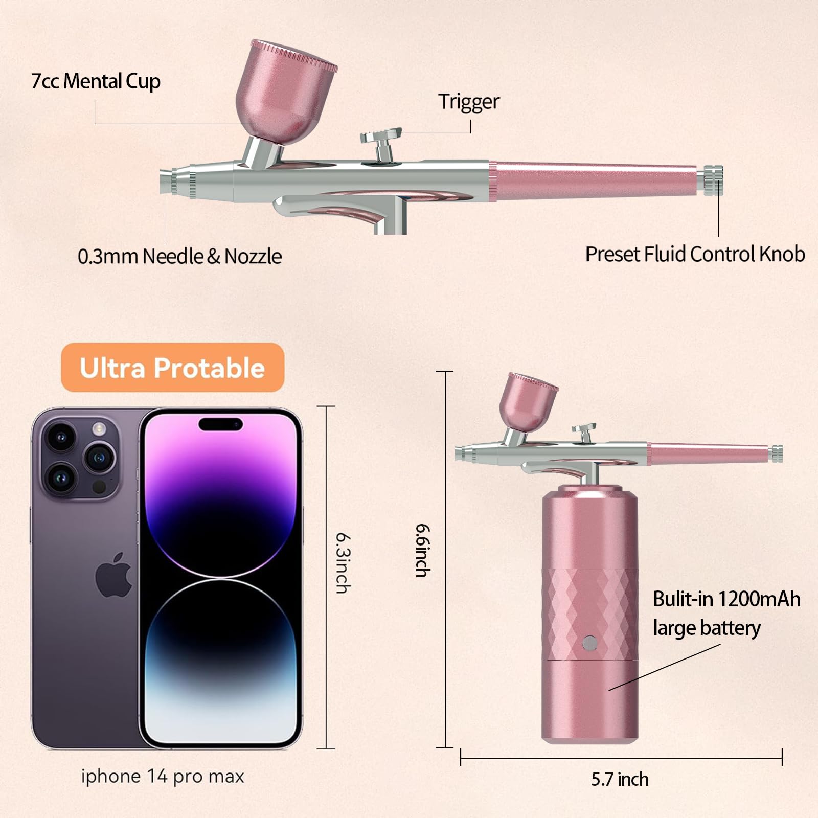 RoseFlower Kit Aérographe Mini Compresseur D'air Portable Sans Fil Mini Air Brush Kit Pour Peinture, Tatouage, Nail Art, Mode, Maquillage, Décoration De Gâteau, Barber #rose