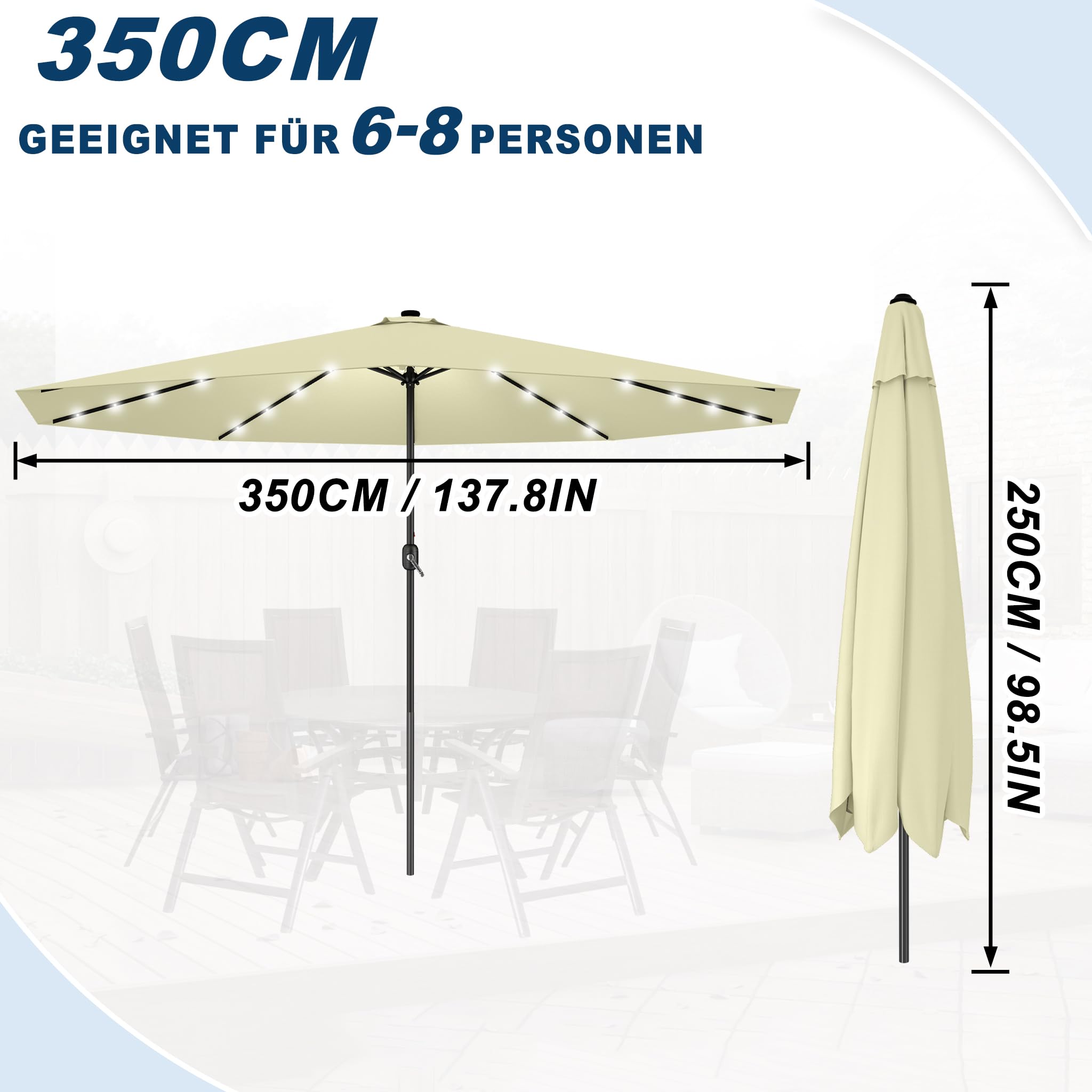 Froadp 350cm Ombrellone da Giardino con Manico Parasole in Alluminio Direzione di Inclinazione Regolabile Ombrello Ottagonale da Esterno Pieghevole per Balcone Terrazzo Spiaggia (Beige con LED)