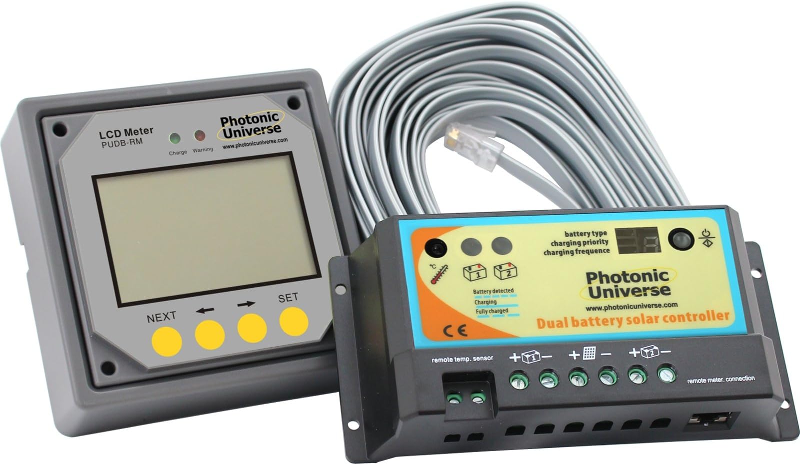 10A 12V/24V dual battery solar charge controller (charge regulator) with a remote LCD display and cable for lead acid batteries and solar panels up to 160W (12V) / 320W (24V)