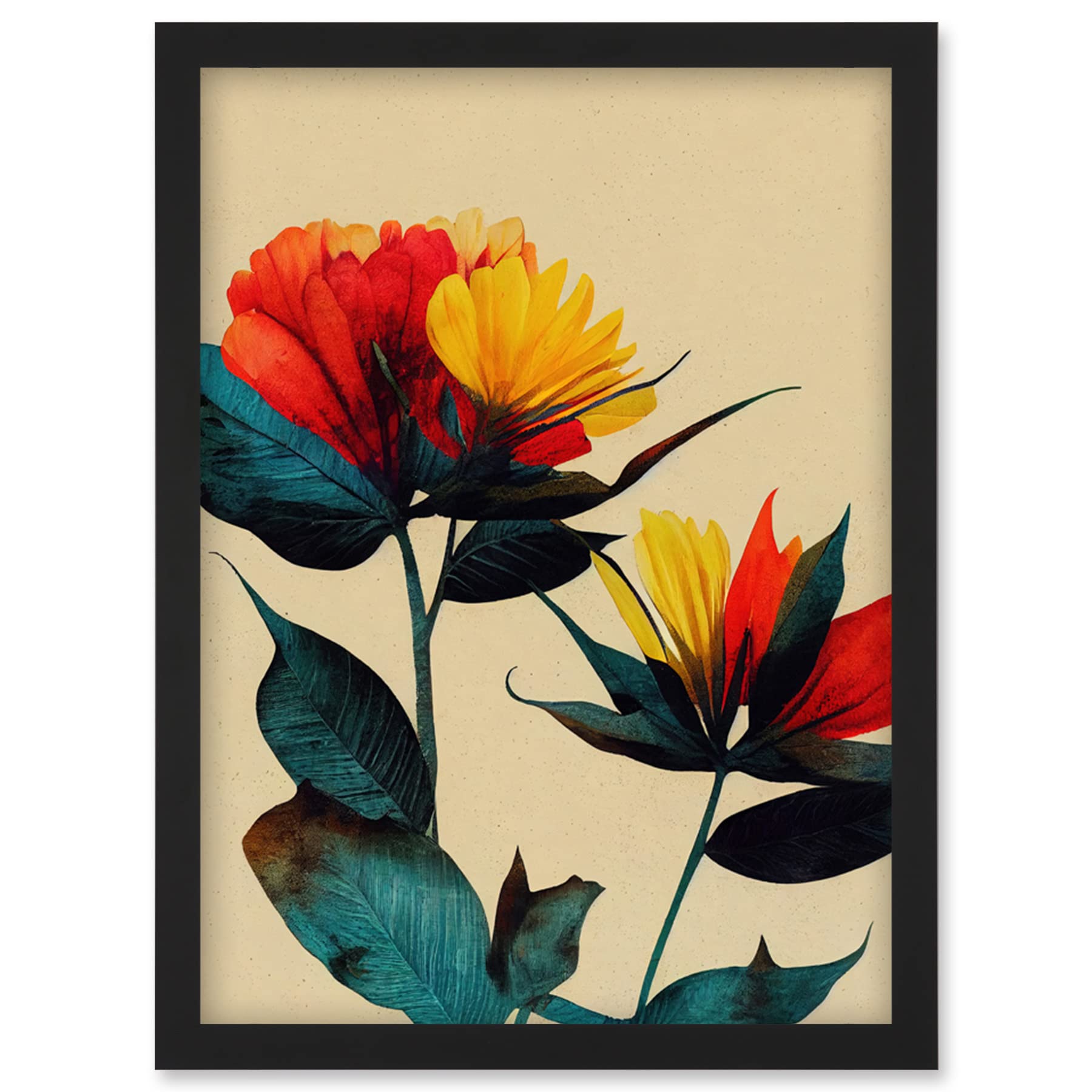 Wee Blue Coo Botanical Bold Flowering Yellow Red Teal Artwork Framed Wall Art Print A4