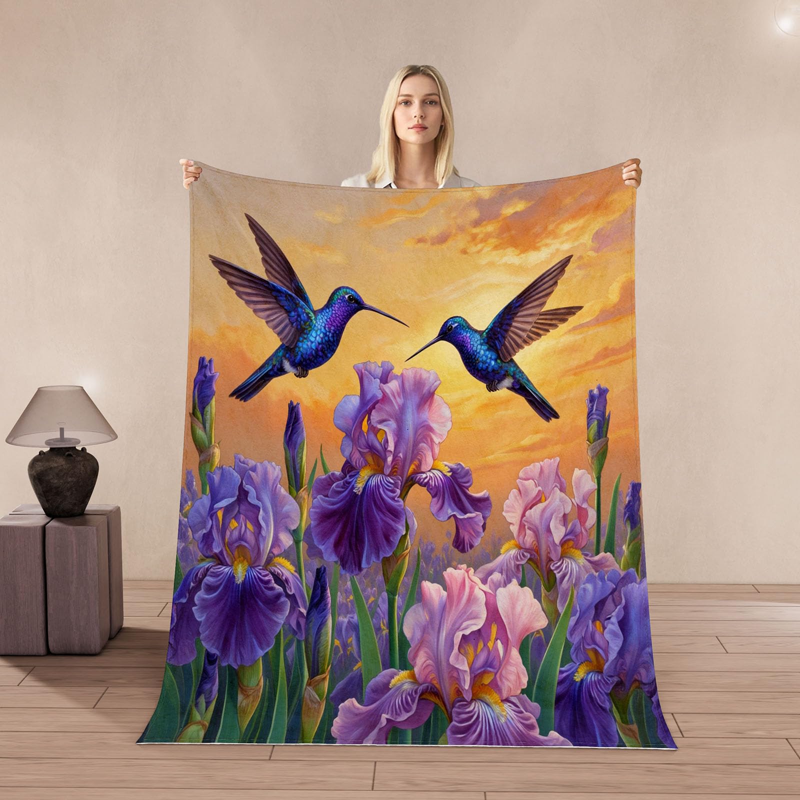 Couverture colibri 150x200 plaid polaire microfibre chaude fleurs oiseaux lit