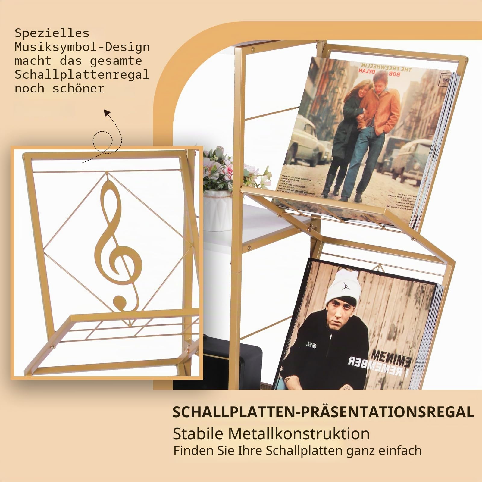 HYCFYJR Plattenspieler Ständer, Schallplatten Aufbewahrung mit 2-stufiger Vinyl Halter und Metallrahmen, Plattenspieler Regal Beistelltisch für Wohnzimmer, Gold Weiß