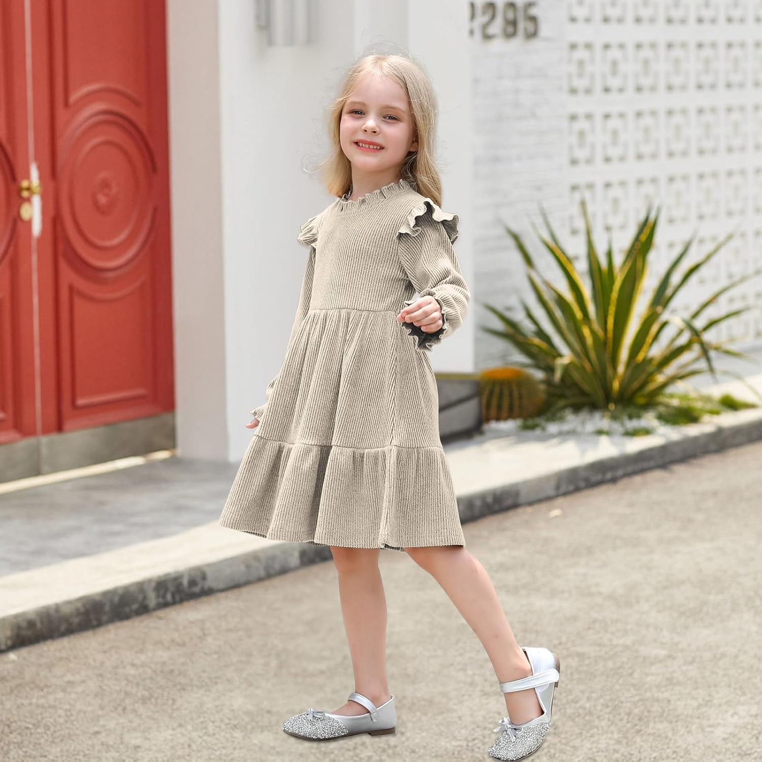 Toddler Dress Fall Winter Long Sleeve Baby Girls Soft Ribbed Knit Ruffle Frill Trim Dresses for Girls Birthday Party - Image 2