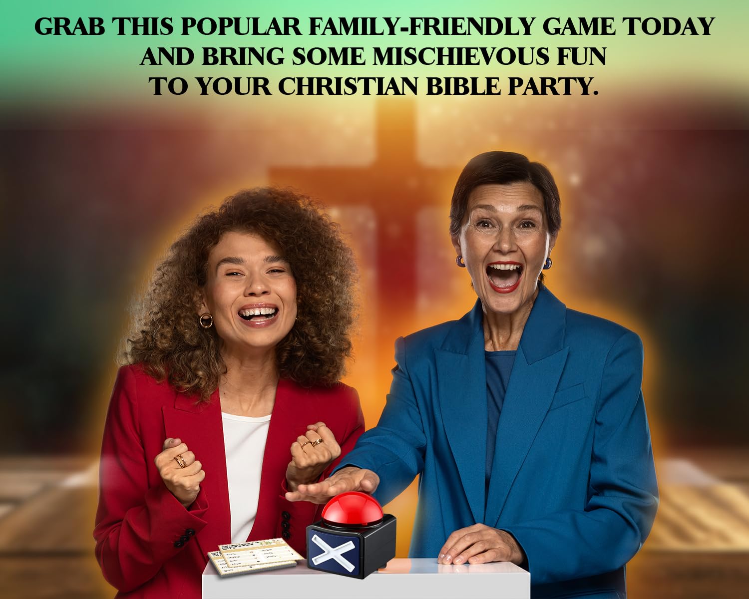 Feud biblico cristiano con due cicalini per adulti, gioco in stile faida familiare biblica, notte di gioco della chiesa, carte da gioco a quiz biblici con cicalini, per attività di gruppo della chiesa