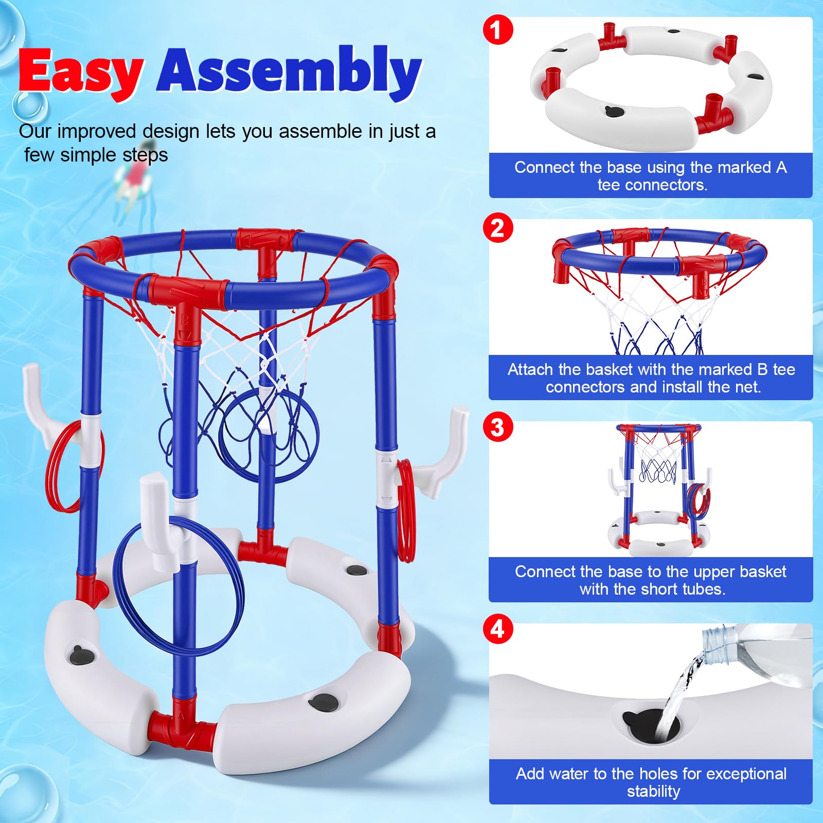 Set da basket galleggiante 2 in 1 per piscina, con 4 palloni grandi e 12 anelli, pompa inclusa. Sport acquatici gonfiabili per bambini, adulti e famiglie Divertimento in piscina, al lago o in spiaggia