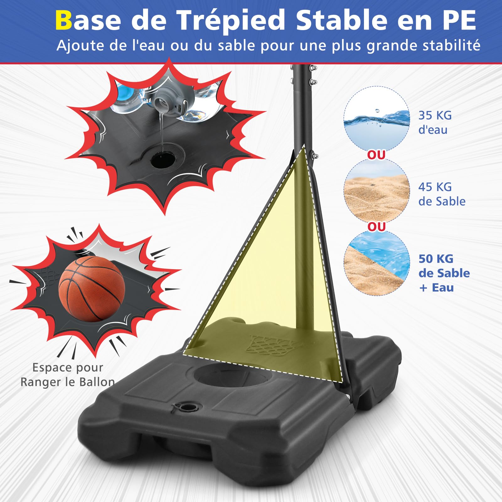 GYMAX Panier Basket Extérieur pour Enfant, Hauteur Réglable 155-210 CM, Base Stable Remplissable, Déplacement Facile avec Roues Lisses