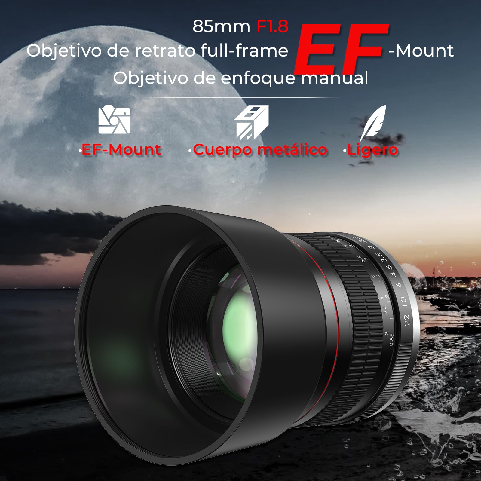 Lightdow EF 85mm F1.8 Lente Manual para Canon EF EF-S Mount, Cuerpo de Aluminio, Objetivo Enfoque Manual, Compatible con Canon Montura EOS 90D 7D 6D 5D Mark II/III/IV, Rebel T7