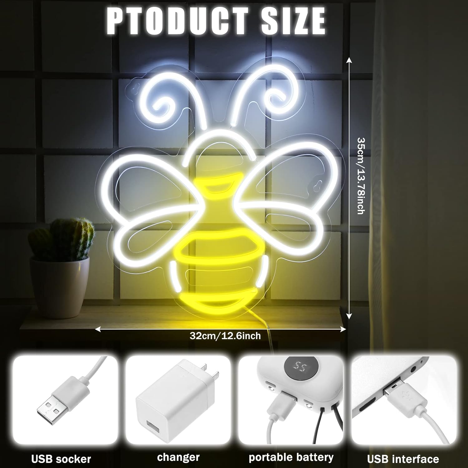 Woanger Bee Neon Lamp Sign Honey Bee Wall Decor Yellow White LED Light Sign Animal Neon Lamps Gifts for Wall Hanging Holiday Classroom Bedroom Dorm Garden Playground Shop